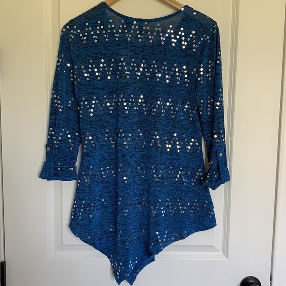 New Directions Asymmetrical Sequined Blouse Blue S - Picture 5 of 8